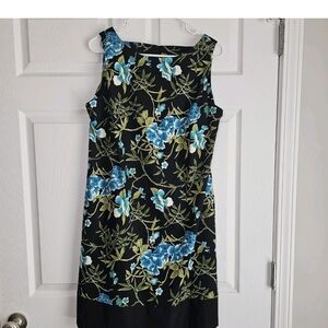 Amy Byer AB Studio Womens 14 Sleeveless Dress Straight Black Blue Print Stretch